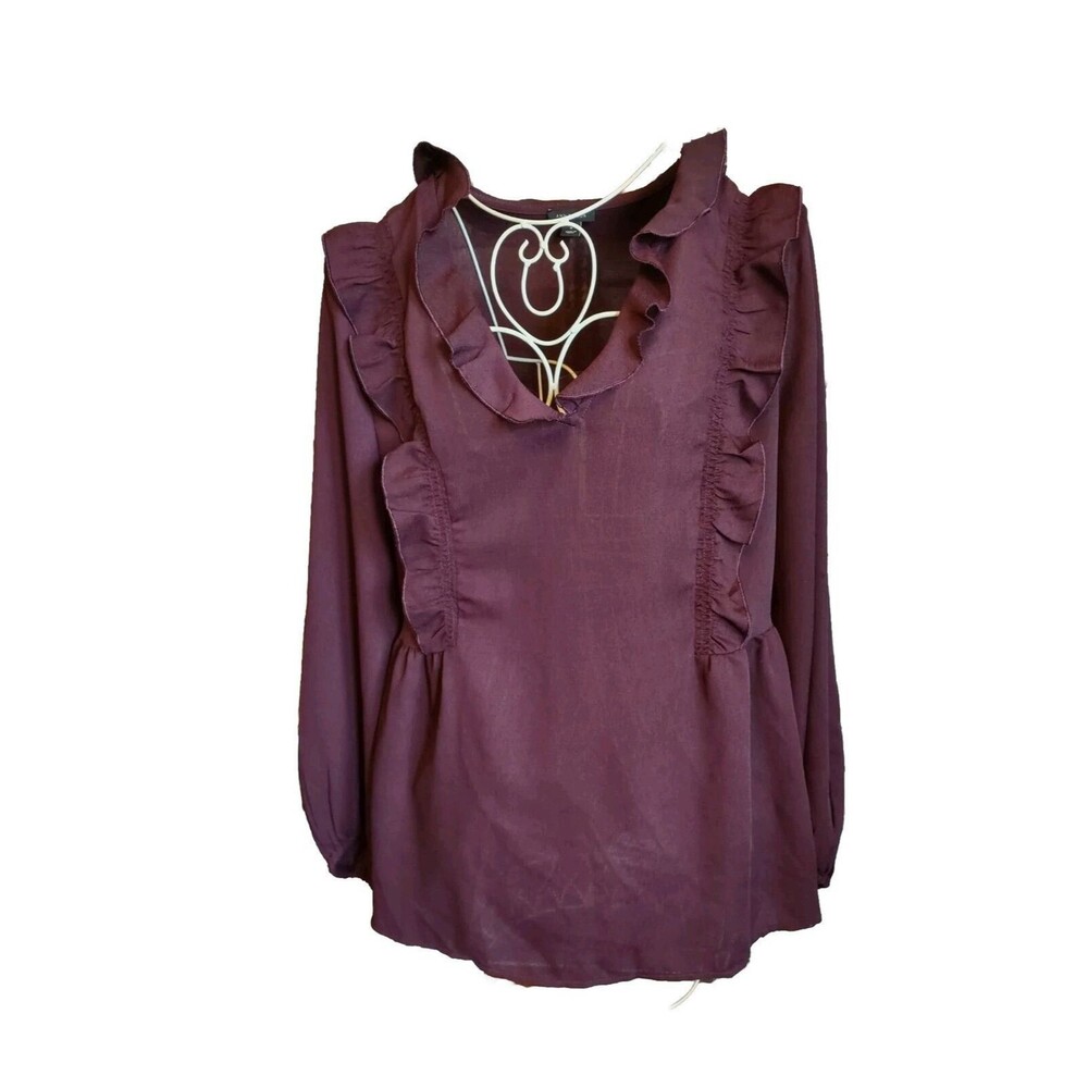Sz Med Ann Taylor Loft Burgundy Top Blouse Ruffled LS Babydoll - Picture 1 of 6